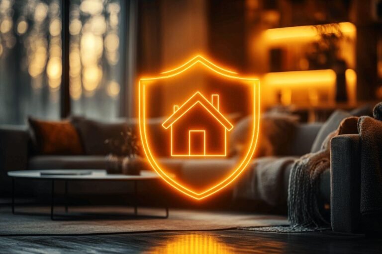 Icône de maison brillante dans un bouclier orange