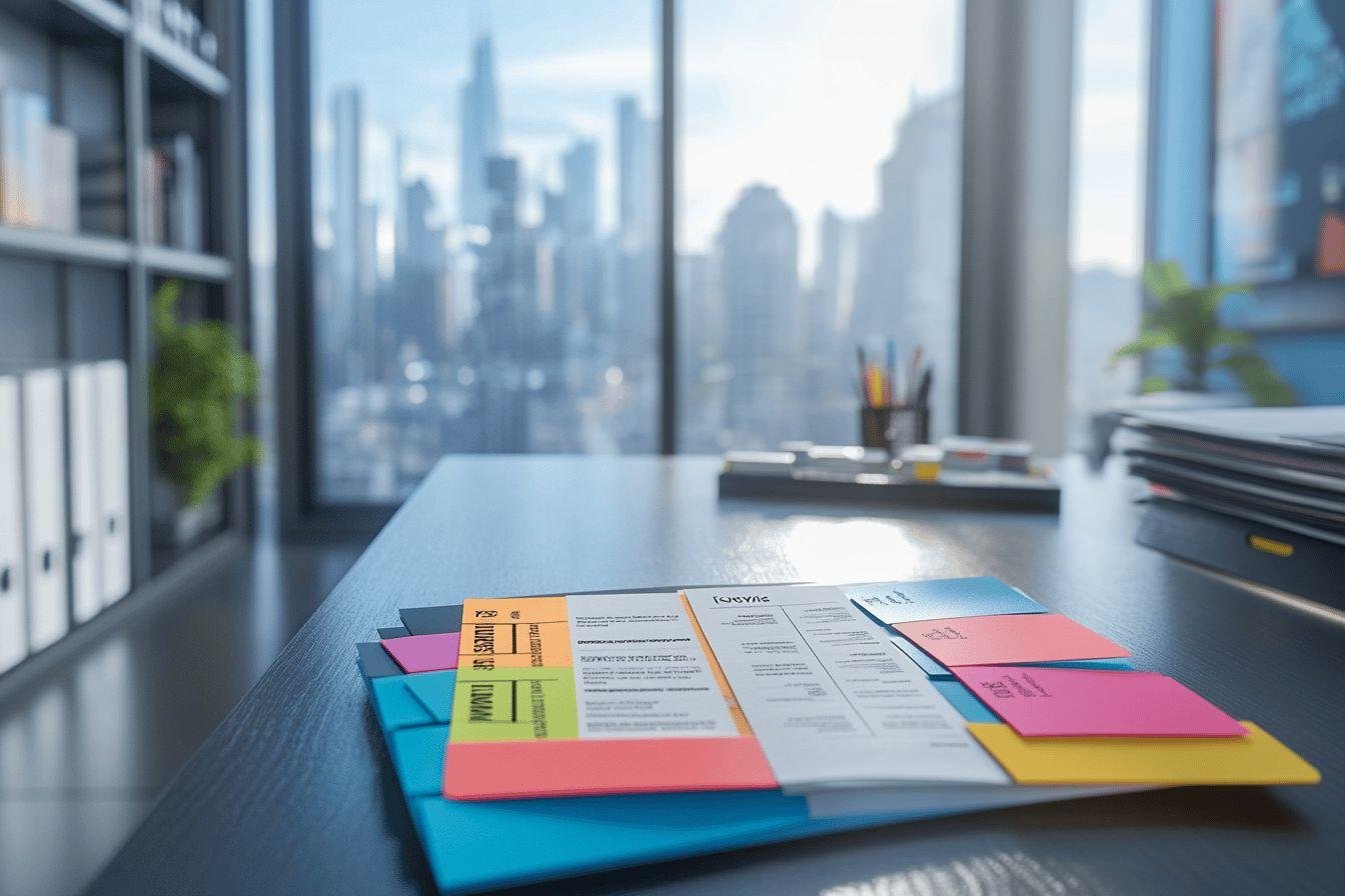 Documents colorés sur table de travail avec gratte-ciel en arrière-plan