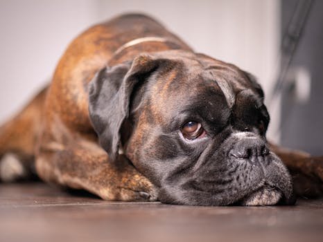 A detailed close-up of a Boxer dog resting on the floor indoors, expressing a tender and relaxed mood.